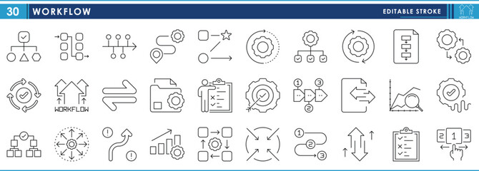 Leinwandbilder - A set of line icons related to Workflow. Work, flow, process, method, steps, gear, numbering, and so on. Vector editable stroke.