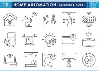 Fototapete - A set of line icons related to Home Automation. Smart, automatic, lock, washing, smart tv, voice assistant, sensors, and so on. Vector editable stroke.