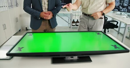 Poster - Hands, green screen and interactive display in office, planning or science with tracking markers. Business people, engineer and user experience with mockup space for review at neurotechnology company