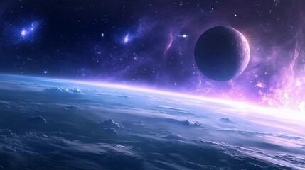 Wall Mural - a beautiful blue and purple sky with a large planet in the background. the planet is surrounded by a