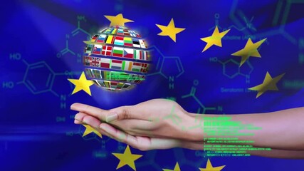 Poster - Holding globe with flags, hand shows animation of EU stars and chemical formulas