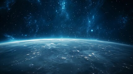Wall Mural - a blue and white planet with a starry sky. the sky is filled with stars and the planet is surrounded