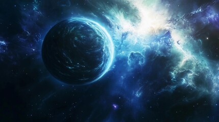 Wall Mural - a blue planet with a white sun in the background. the planet is surrounded by a cloud of stars and t