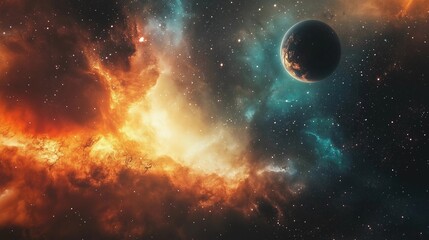 Wall Mural - a colorful galaxy with a large planet in the center. the planet is surrounded by a cloud of orange a