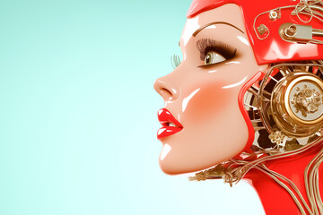 Poster - Robotic woman looking with confidence, featuring glossy red exterior and intricate mechanical details. Concept of technology, innovation, digital art, and futuristic design