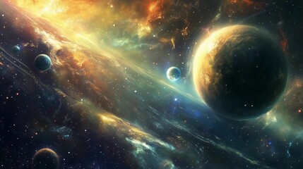 Wall Mural - a colorful space scene with a large planet in the middle and several smaller planets surrounding it.