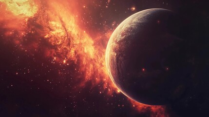 Wall Mural - a planet with a fiery tail is shown in the background. the planet is surrounded by a lot of stars an