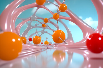 Poster - 3D rendering of colorful molecular structures floating in a vibrant organic environment. Bright blue sky backdrop enhances visual appeal. Concept of chemistry, scientific exploration, education