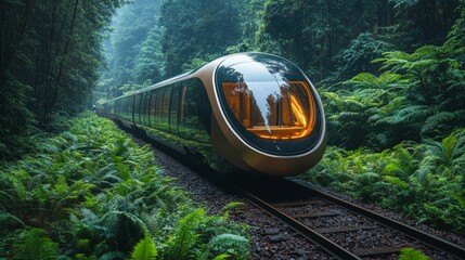 Poster - A sleek high speed maglev train glides silently through a dense rainforest, surrounded by vibrant greenery and towering trees, showcasing advancements in transportation and automation.