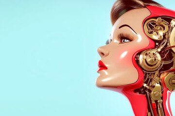 Poster - Robotic woman profile displaying detailed gears and shiny finish. Light blue backdrop enhances futuristic themes. Concept of technology, innovation, robotics, design