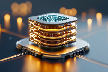 Poster - Close-up view of modern microprocessor with intricate circuitry and glowing elements. High-tech design highlighting computer engineering and innovation. Concept of technology, electronics, computing