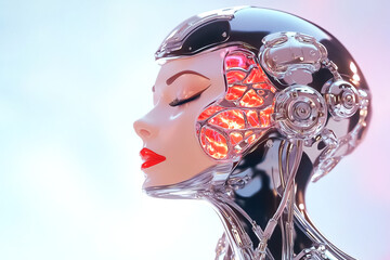 Poster - Robotic woman with smooth metallic finish and glowing brain design. Profile view showcases intricate details and high-tech features