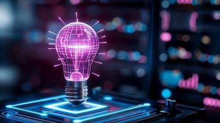 Poster - AI artificial intelligence in education and business innovation. A futuristic digital interface displaying an AI-powered light bulb, representing creativity, skill development
