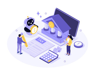 Poster - ai technology in finance and accounting. characters preparing automated tax return with artificial i