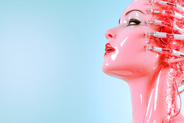 Poster - Futuristic robot woman with artificial enhancements showcasing vibrant pink features. Clean blue background emphasizes modern technology and innovation. Concept of robotics, AI, digital art