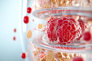 Poster - Vibrant red nucleus interacts with surrounding particles in detailed cellular structure representation. Soft blue background highlights biological processes. Concept of biology, education, research