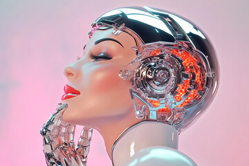 Poster - Robotic woman profile touching chin with elegant pose. Futuristic design featuring metallic elements in vivid pink background. Concept of technology, artificial intelligence, innovation