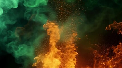 Poster - Emerald Blaze: A mesmerizing visual of vivid green and orange hues, mixing, swirling, and dancing in the heart of the composition, capturing the power and beauty of abstract art.