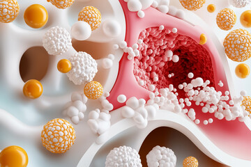 Poster - Abstract depiction of colorful cells and microorganisms interacting in a biological environment. Complex patterns featuring diverse textures and forms. Concept of biology, microbiology, science
