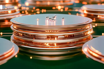 Poster - Metal discs spinning with glowing elements and reflective spheres on a dark background. Futuristic and modern look with dynamic light effects. Concept of technology, design, innovation
