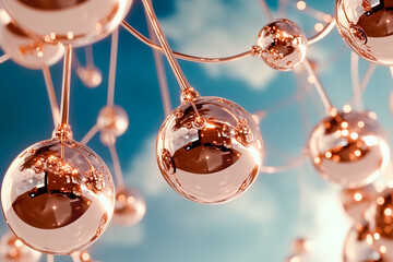 Poster - Glass orbs suspended and interconnected, reflecting light in an artistic arrangement. Bright blue background enhances modern aesthetic. Concept of interior design, art installations, luxury decor