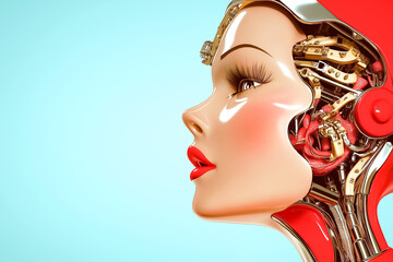 Poster - Robot woman showcases intricate mechanical features and bright red lips in striking profile. Clean minimalist background enhances futuristic aesthetic. Concept of technology, innovation, art