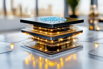 Poster - Microchips stacked with glowing LED lights emitting an advanced tech vibe. Bright laboratory setting with reflective surfaces enhances innovation