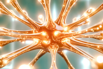Poster - Neurons connect through glowing synapses in a vibrant setting. The intense illumination highlights intricate neural networks. Concept of neuroscience, brain research, biology