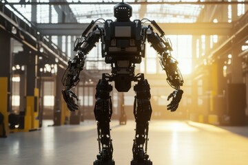 Poster - Advanced humanoid robot stands in a modern industrial facility during golden hour