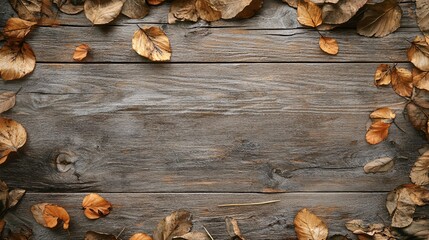 Aufkleber - Dry autumn leaves forming a frame on rustic wooden planks