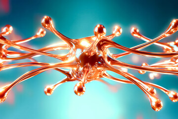 Poster - Intricate network of interconnected neurons glowing, showcasing dynamic connections in a vibrant blue and orange backdrop. Concept of neuroscience, brain health, cognitive research