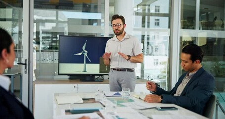 Aufkleber - Presentation, meeting and business man with windmill talking for sustainability, innovation and renewable energy. Climate change, power farm and workers with wind turbine for electricity production