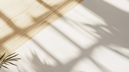 Poster - Minimalist composition with blank canvas on wooden table and palm tree shadows