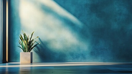 Fototapete - Sunlight illuminating a modern teal room with a potted plant