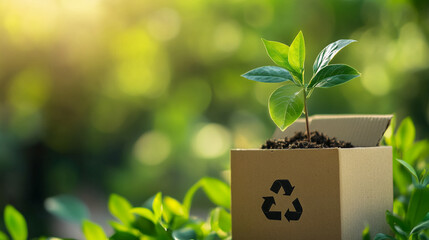 Poster - Young plant in a recycled cardboard box, nestled in soil against a blurred green background, symbolizing growth, sustainability and eco-friendliness. Free space for text
