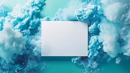 Poster - White blank canvas surrounded by stunning turquoise ink clouds creating a dreamlike atmosphere