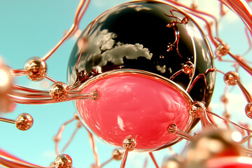 Poster - 3D rendering showcasing abstract molecular structure with interconnecting elements and colorful spheres. Bright blue sky as backdrop with fluffy clouds