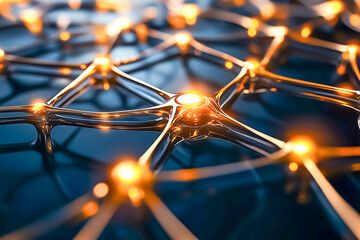 Poster - Intricate network of glowing nodes interconnected by fine wires. Deep blue background creating a futuristic atmosphere. Concept of technology, innovation, digital connectivity