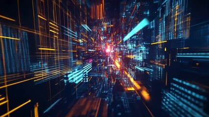 Poster - Digital Cityscape: Explore the complex and vibrant world of technology and data transfer through a dynamic visual representing digital pathways. Perfect for illustrating the future of networking, AI.