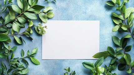 Aufkleber - Green leaves framing blank white paper on blue background