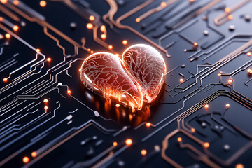 Aufkleber - Heart shape design glowing on circuit board surface. Intricate connections and lights create modern digital aesthetic. Concept of technology, innovation, electronics