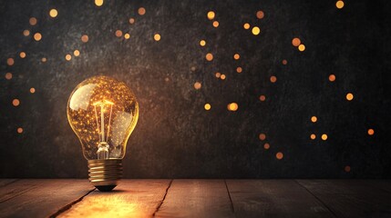 Leinwandbilder - Bright light bulb shining on wooden table with magical glowing particles inside