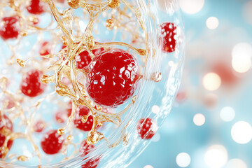 Poster - Red spheres float in golden liquid, creating a dynamic visual of molecular activity. Abstract colorful background with blurred light enhances energy and scientific exploration