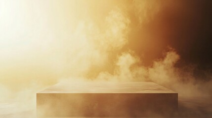 Poster - Empty concrete podium emerging from fog under golden light