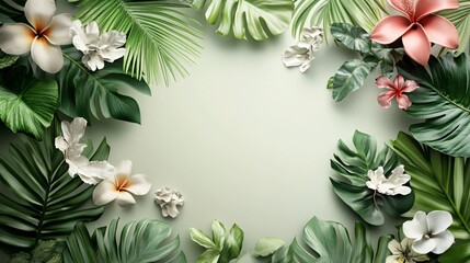 Aufkleber - Tropical flowers and leaves creating a frame on green background