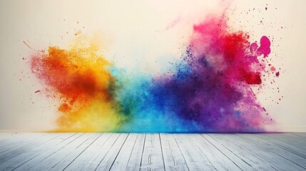 Aufkleber - Colorful powder exploding on white wall in empty room with wooden floor