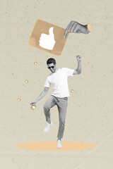 Aufkleber - Creative poster collage of happy man dancing under hand showing like button