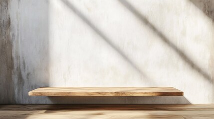 Poster - Empty wooden shelf projecting from a textured wall, illuminated by natural light