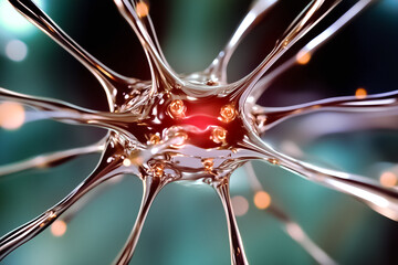 Poster - Neuron displaying complex structure with dendrites and axon terminals. Background features glowing connections representing neural activity. Concept of neuroscience, biology, education