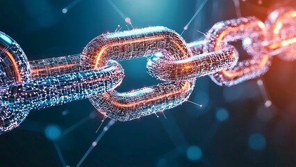 Poster - A close-up of a digital chain, symbolizing the concept of blockchain technology, security, and interconnectedness. The chain is glowing, suggesting a futuristic and innovative concept